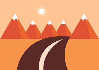 Road to nature backgroud vector illustration.Street with field , hills , clouds , trees and sun.Beautiful nature landscape.
