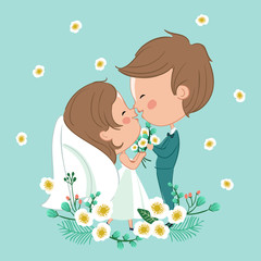 Bride and groom isolated on blue background : Vector Illustration