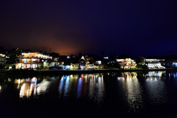 Kanchanaburi/Thailand- July1, 2017:Etong village the hidden village in the mist and the lake in front of village at kanchanaburi city Thailand.Pilok mine The Old mine near by Thai-Myanmar border