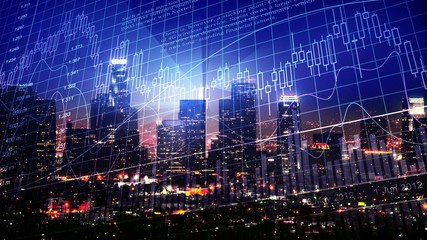 Fototapeta na wymiar Technological stock exchange chart over night city skyline