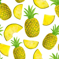 Seamless watercolor pattern with pineapple isolated on white background. Hand drawn fruits and slices for food packaging design, wrapping, textile, decor, scrapbooking