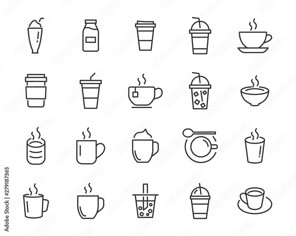 Wall mural set of coffee line icons, such as tea, matcha, lemon, cocoa, milk, cream, pot, drinks