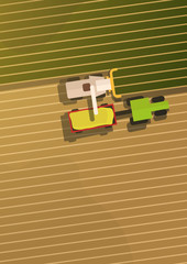 Aerial Top view of the field and harvesting.