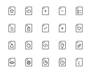 set of document line icons, check, data, file, paper, view