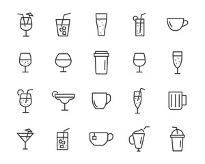set of drinks line icons, such as glass, pub