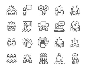 set of people line icons, such as team, meeting, video conference, group, management, leader