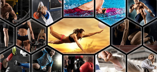 Sport collage. Swimming, soccer, fitness, bodybuilding, volleyball beach, fighter and basketball...