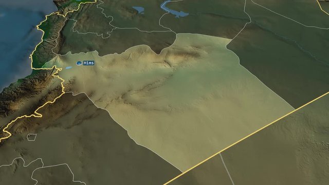 Hims - province of Syria with its capital zoomed on the physical map of the globe. Animation 3D