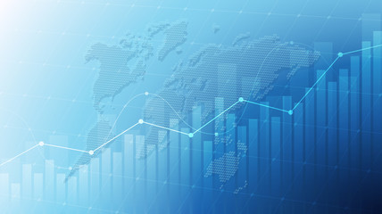 Abstract financial graph with uptrend line and world map in stock market on blue color background