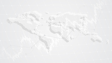 Abstract financial graph with uptrend line and world map in stock market on black and white color background