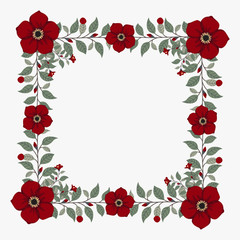 Floral greeting card and invitation template for wedding or birthday anniversary, Vector square shape of text box label and frame, Red flowers wreath ivy style with branch and leaves.