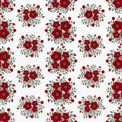 Floral vector artwork for apparel and fashion fabrics, Red flowers wreath ivy style with branch and leaves. Seamless patterns background.