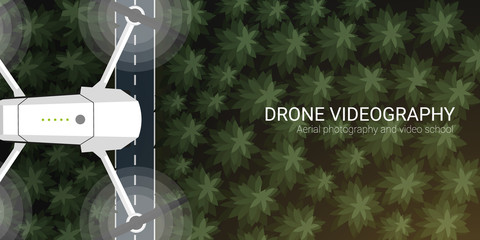 Drone flying over forest. Aerial Drone taking photography and video.