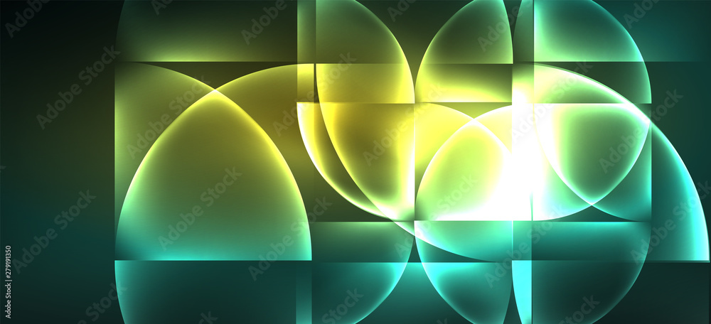 Fototapete techno glowing glass geometric shapes vector background, futuristic dark template with neon light ef