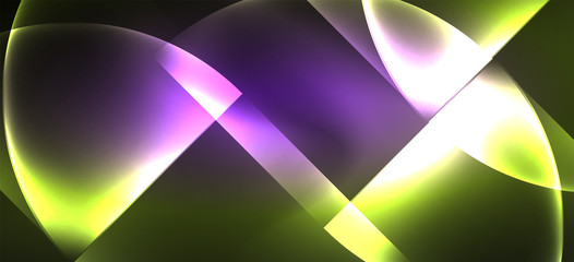 Fototapeta premium Techno glowing glass geometric shapes vector background, futuristic dark template with neon light effects and simple forms