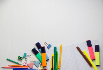 School office supplies on a desk with copy space. Back to school concept. School supplies on background. Back 2 school concept