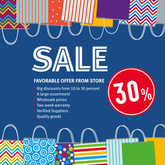 Promotional layout discounts. Sale 30%. Various bags on blu background