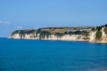 Seaton, Devon, England, UK. July 2019. The Jurassic coastline between Seaton and Beer where a caravan park is situated. South devon,UK