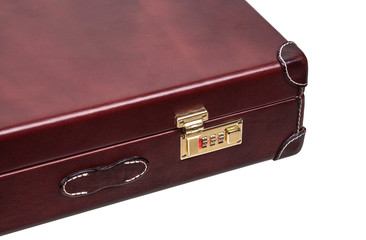 luxury brown leather case with gold-plated combination locks for arms isolated on white