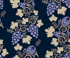 Vector ornamental vine grapes decorative background. Ethnic seamless pattern ornament. Vector pattern