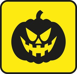 Black pumpkin on a yellow background. Color illustration on the theme of Halloween holiday