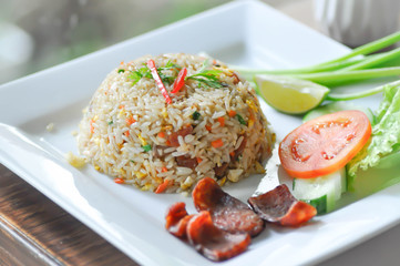 stir-fried rice with fried sausage and vegetable