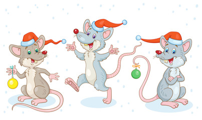 Three funny rats are symbols of the new year in red caps. In cartoon style. Isolated on white background