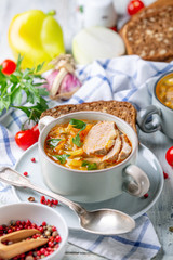 Soup of fresh cabbage, meat and fresh herbs.