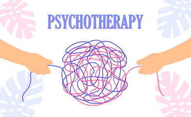 Psychotherapy concept with two hands unraveling a messy line knot.