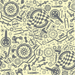 Fototapeta na wymiar Bicycle parts with a starting flag. Seamless pattern. Vector image.