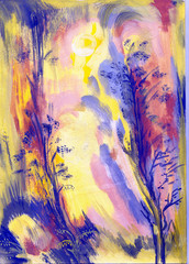 Autumn, evening landscape painted by hand. Yellow background, purple tree silhouettes, gouache and watercolor. Expressive background for your design.