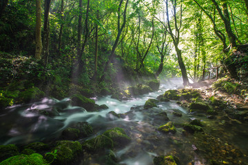 Obraz premium Morning sun flare light at Bigar Waterfall,Caras-Severin,Romania