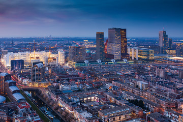 aerial view on the city centre of The Hague at dusk - obrazy, fototapety, plakaty