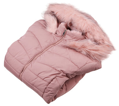 Folded pink woman full zipper down jacket, rain proof winter jacket with fur isolated on a white background.  Fashionable hooded female jacket