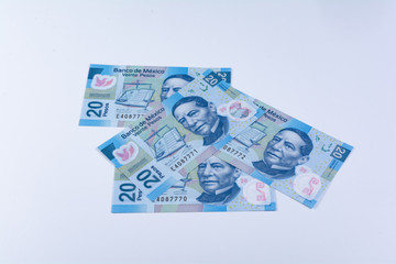 Some bills of 20 mexican pesos