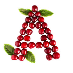 One English letter A Alphabet of ripe cherries. Isolate on white background.