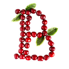 One English letter B Alphabet of ripe cherries. Isolate on white background.