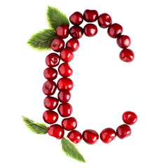 One English letter C Alphabet of ripe cherries. Isolate on white background.