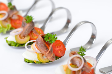 Feine Fischhäppchen mit Ei und Sardelle auf Häppchenlöffel vor weißem Hintergrund – Fine fish appetizers with anchovy fillets and eggs on party spoons placed on a white background 
