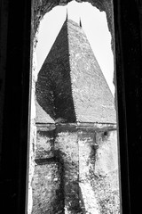 Black and white partial view of a tower at the Corvin Castle, Hunyadi Castle or Hunedoara Castle, Hunedoara County, Transylvania, Romania