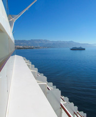 Beautiful view from cruise ship at coast of Split, Croatia. Landscape in the morning during the approach of the passenger liner to the harbor of old European city.