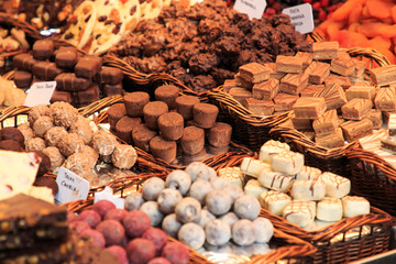 Black chocolate shop in the spanish market Boqueria in Barcelona,Spain