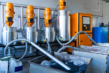 Polyurethane foam pipes production. Manufacturing facility. Automated production facility machine - obrazy, fototapety, plakaty