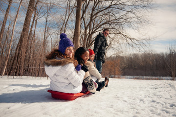 Fototapeta na wymiar Group of friends enjoying pulling a sled in the snow in winter