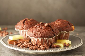 Chocolate muffins with chocolate chips isolated.