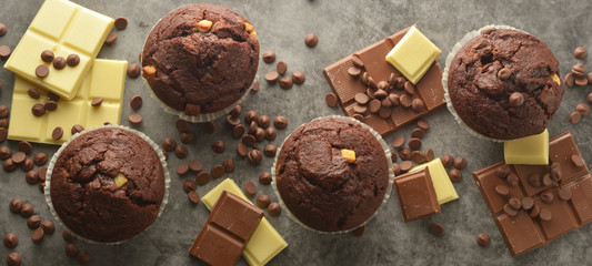 Chocolate chip muffin with chocolate bar. White and dark chocolate.