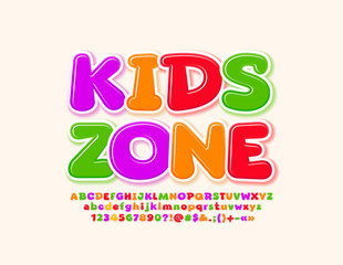 Vector playful logo Kids Zone with cartoon style Alphabet. Colorful creative Font. Bright Letters, Numbers and SYmbols