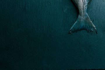 Isolated photo of raw fish tail on black slate surface - obrazy, fototapety, plakaty