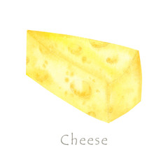 Watercolor drawing piece of triangular yellow cheese. Mouse favorite food. Illustration on white background