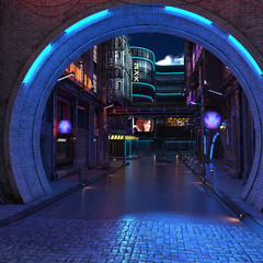 Miastowy futurystyczny miasto zaświecający z neonowych świateł nocy widokiem 3d odpłaca się - 279205931